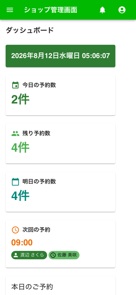 お店側の管理画面（スマートフォン表示）。今日の予約数や次回の予約が表示されている
